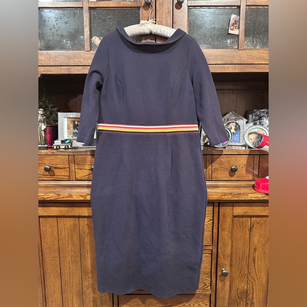 BODEN 🌼 Daisy Ottoman Rainbow Stripe Navy Blue Knit Sheath Dress Womens Sz 18L - Picture 5 of 12